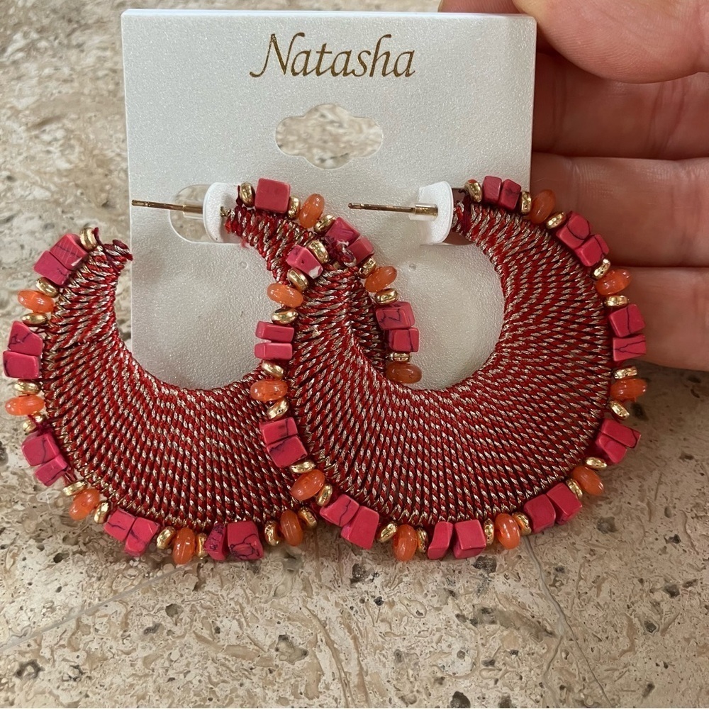 Natasha Couture Pink & Orange Beaded Woven Hoop Earrings Lead Compliant